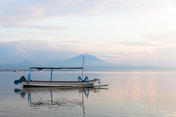 Batur Volcano eruption with boat view in Bali island, Indonesia