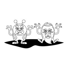 funny monsters couple comic characters monochrome