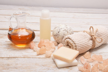 Fototapeta na wymiar natural soaps, bath salt and face and cleavage oils