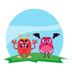 funny monsters couple in the field characters colorful