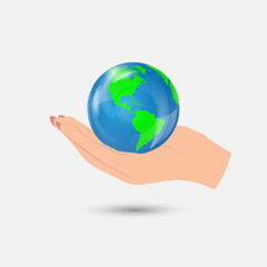 Hand holding globe earth. Vector illustration. Save the planet.
