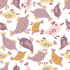Seamless cute design with stylised birds. Can be used for clothes design, wallpaper, stationary supplies, textile, backgrounds.