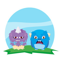 funny monsters couple in the field characters colorful