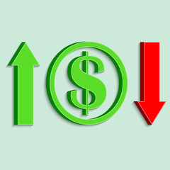 volumetric dollar symbol in a circle, green up arrow and red down arrow