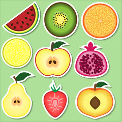 set of fruit stickers: watermelon, kiwi, orange, lemon, apple, pomegranate, pear, strawberry, peach