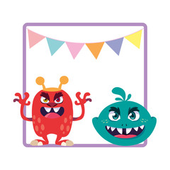square frame with funny monsters and garlands hanging