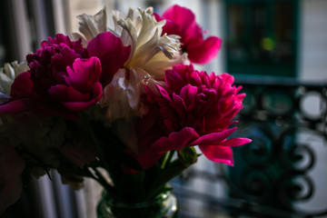 Gorgeous white and pink pions in a glass vase in front of the open Parisian window after the rain close up