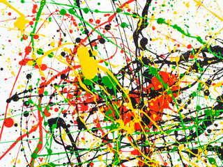 Art splashed spilled yellow green red black paint. expressionism.