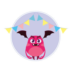funny monster flying with wings and party garlands