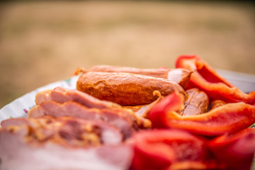 Close up of raw bacon, sausages and paprika on colorful tray, prepared for barbecue