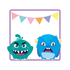 square frame with funny monsters and garlands hanging