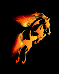 Obraz na płótnie Canvas wild mustang horse jumping among fire flames - blazing animal vector design on black