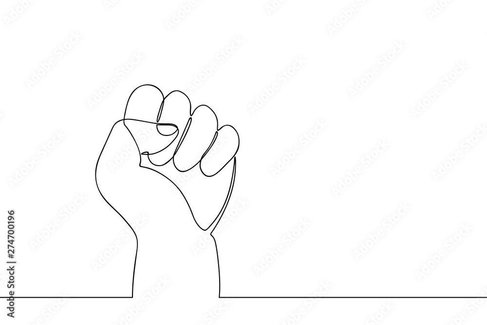 Poster continuous line drawing fist. one line hand with clenched fingers. protest or revolution concept. ve