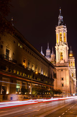 Night view of the Basilica of Our Lady of the Pillar, Zaragoza, Spain.