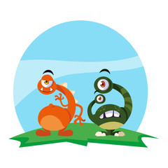 funny monsters couple in the field characters colorful