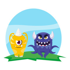 funny monsters couple in the field characters colorful