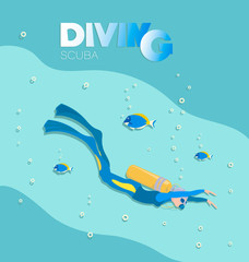 The girl scuba diver swims under water with tropical fish. Young woman in a diving suit with flippers, balon with air. Underwater background. © velishchuknatali