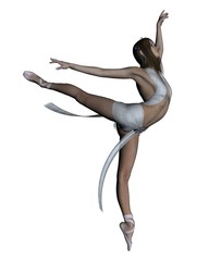 Illustration of a dark haired young woman wearing pale white ballet costume and pointe shoes, 3d digitally rendered illustration