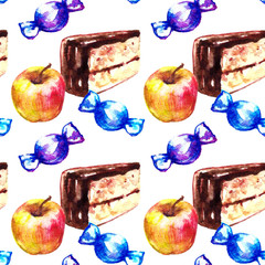 Birthday desserts illustration. Watercolor dessert seamless pattern in cartoon style.