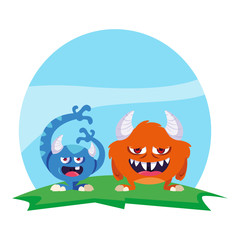 funny monsters couple in the field characters colorful