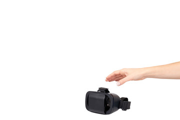 Hand with black plastic VR headset, Virtual Reality mask.