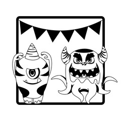 monochrome frame with monsters and garlands hanging