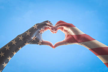 United States of America -USA American flag pattern on people hands in heart love shape isolated on...