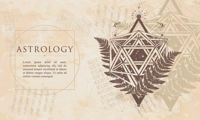 Astrology. Icosahedron and fern. Mathematical esoteric symbol. Alchemy philosophers stone concept. Renaissance background. Medieval manuscript, engraving art