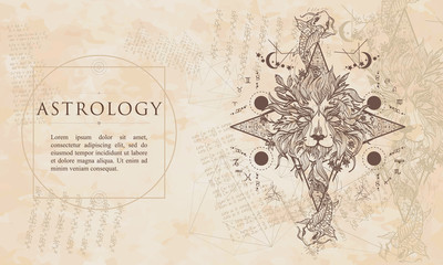 Astrology. Mystic lion and carp, occult concept. Renaissance background. Medieval manuscript, engraving art
