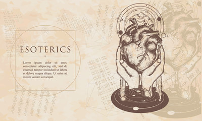 Esoteric. Anatomical heart, hands and universe. Symbol of love, philosophy, psychology. Renaissance background. Medieval manuscript, engraving art