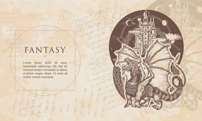 Fantasy. Dragon and castle. Renaissance background. Medieval manuscript, engraving art