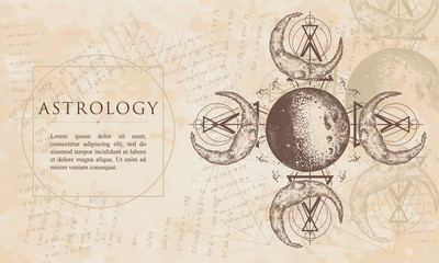 Astrology. Magic moon sacred geometry. Renaissance background. Medieval manuscript, engraving art