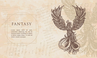 Fantasy. Magic phoenix birds. Symbol of revival, regeneration, life and death. Renaissance background. Medieval manuscript, engraving art - obrazy, fototapety, plakaty