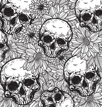 seamless pattern skull and flower hand sketch with line art