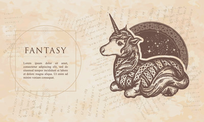 Fantasy. Unicorn tattoo art. Symbol of dreams, fairy tale. Renaissance background. Medieval manuscript, engraving art