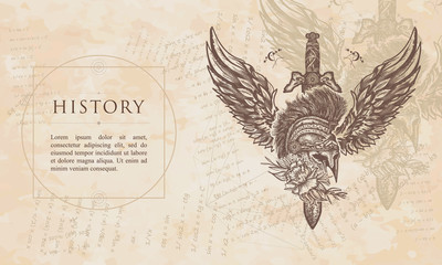 History. Ancient soldier, spartan warrior. Swords, rose and angel wings. Symbol of bravery, fight, hero. Renaissance background. Medieval manuscript, engraving art
