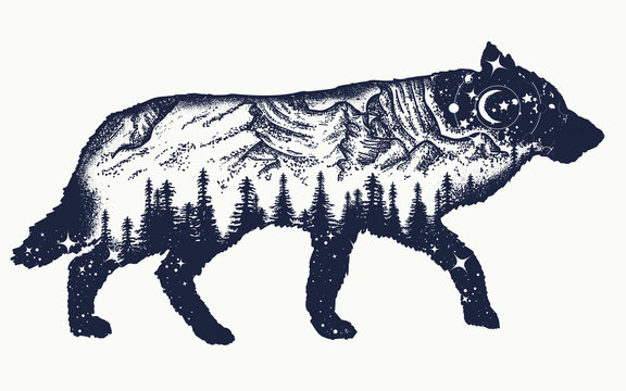 Running wolf double exposure tattoo art. Symbol tourism, travel, adventure, outdoor. Animals t-shirt design
