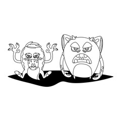 Obraz premium funny monsters couple comic characters monochrome