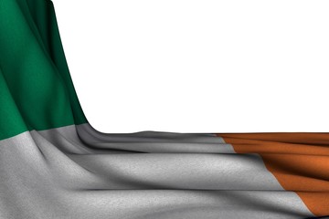 wonderful isolated mockup of Ireland flag hanging diagonal on white with empty place for your text - any feast flag 3d illustration..