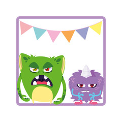 square frame with funny monsters and garlands hanging