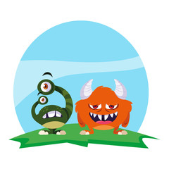 funny monsters couple in the field characters colorful