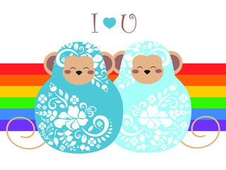 Two gay matrioshka monkey with floral pattern on lgbt flag background  a symbol of same-sex marriage and love