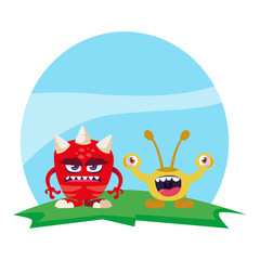funny monsters couple in the field characters colorful