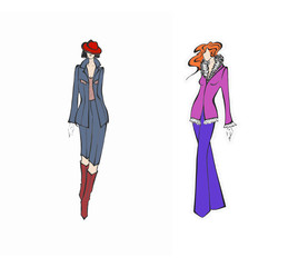 Fashion hand drawn slim girls in trousers suits isolated on white background