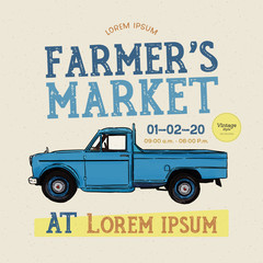 Farm fresh delivery design template. Classic vintage pickup truck. hand draw sketch vector. © Yada