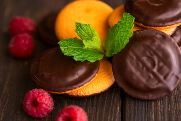 Jaffa cakes, cookies covered with dark chocolate and filled with raspberry marmalade. Sweet...