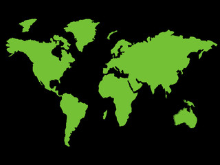 Green World map representing environmental global goals - map picture isolated on a black background