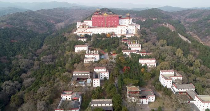 Aerial view of The Putuo Zongcheng Buddhist Temple, one of the Eight Outer Temples of Chengde, built between 1767 and 1771 and modeled after the Potala Palace of Tibet. Chengde Mountain Resort. China