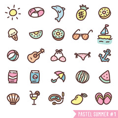 Tiny cute doodle hot summer on da beach icon set with pastel color that can be used as emoji or symbol for kids or to make little seamless pattern on pastel background for gift box No.1.