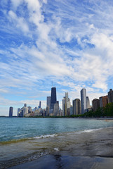 City Skyline with high rise buildings and skyscrapers in Chicago Illinois, USA